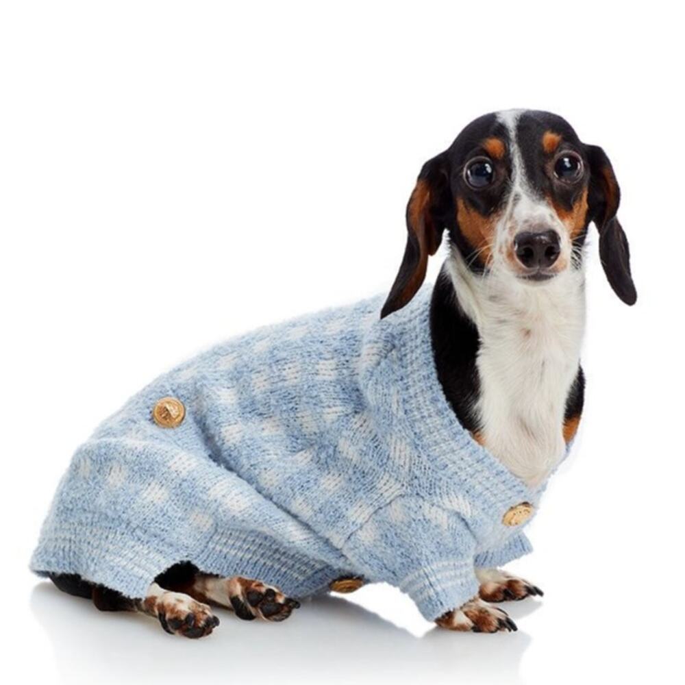 Aqua Pet Plaid Cardigan Dog Coat Sweater Gold Button Cozy Winter Blue White XS